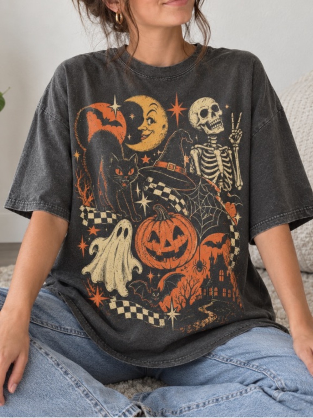 Halloween Shirt, Black Cat Ghost Skeleton T-Shirt, Spooky Cute Pumpkin Witch Tee - Picture 2 of 7